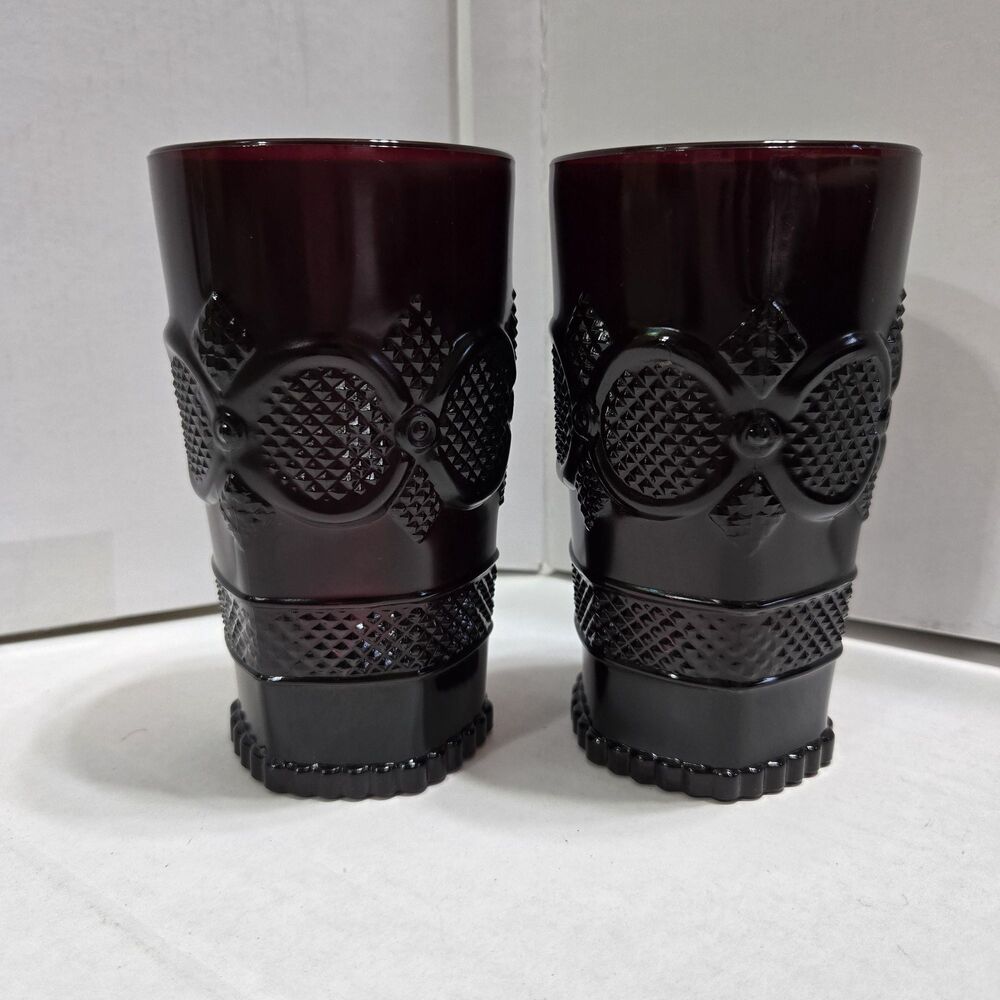 Pair Vintage Avon 1876 Cape Cod Ruby Red Glass 5.5" Drinking Tumblers Set of 2